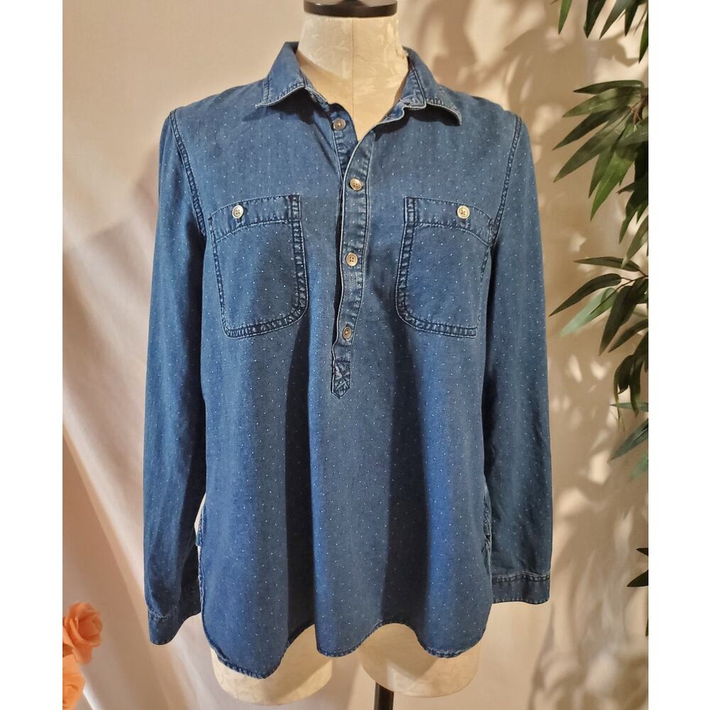 Madewell Chambray Polka Dot Popover Shirt Size L Blue Denim Button Pockets